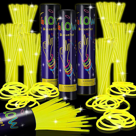 Hanaive 300 Pcs Glow Sticks Bulk 8 Inch Glow in The Dark Party Favors Neon Bracelets and Necklaces Light up Sticks with Connectors for Holiday Birthday Party Supplies(Yellow)