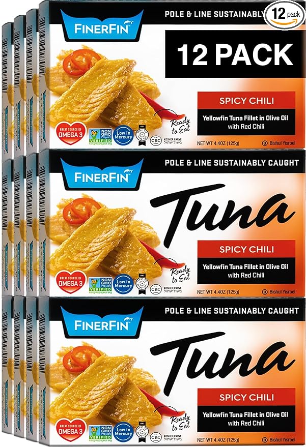 FinerFin Yellowfin Tuna Salad in Organic Olive Oil | Spicy Chili Flavor | Premium Canned Tuna Fish with EVOO | Gourmet Ready-to-Eat Wild-Caught Fillets | 4.4oz can - 12 Pack