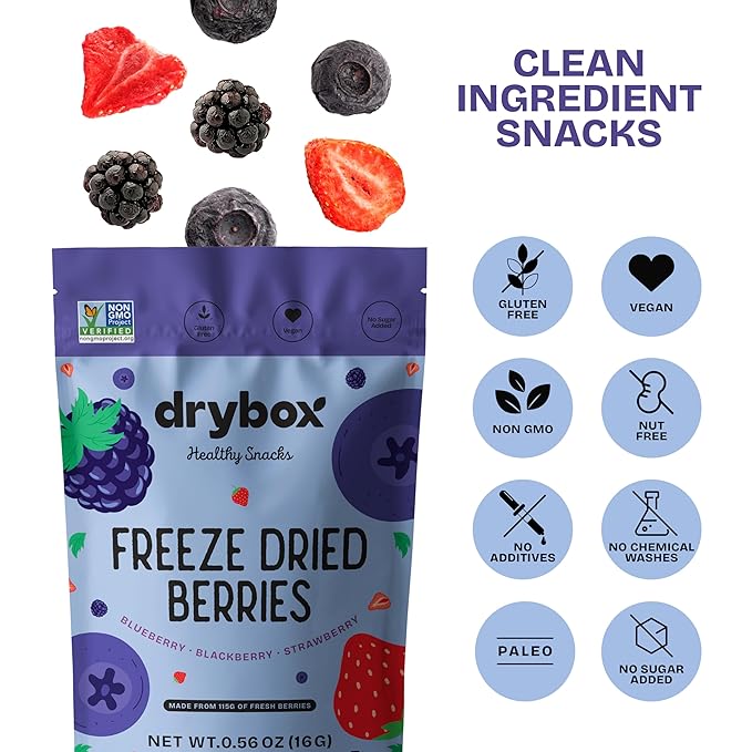 Drybox Freeze Dried Mixed Berries | 100% Natural Fruit | Freeze Dried Berry Source | No Sugar & Additives | Healthy Snack & Topping for Beverages or Recipes | Non-GMO, Vegan, Gluten Free, 0.56 oz 4 pack