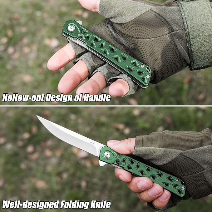 FLISSA Folding Knife, 4.5" Folding Pocket Knife, Hollow-out Design Handle, Tactical Pocket Knife for Hunting, Survival, EDC, Camping and Outdoor Activities, Green