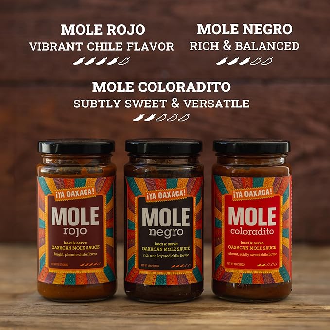 Ya Oaxaca - Mole Sauce Variety Pack - Negro, Coloradito, & Rojo - Blend of Smoked & Dried Chiles, Spices, & House Made Chocolate - Vegan, Non-GMO, Gluten Free - Great on Enchiladas - 3-12oz Jars