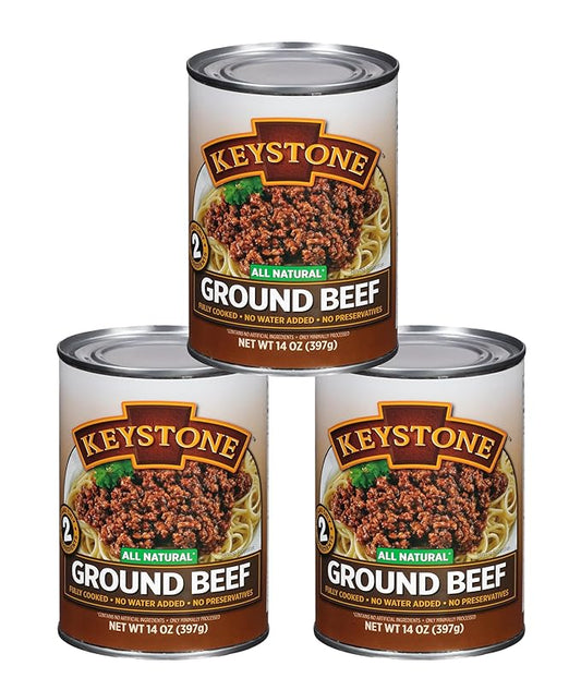 Keystone Meats All Natural Heat and Serve Ground Beef 14 oz – Fully Cooked Canned Meat – Ready to Eat – 5-Year Shelf Life – Pantry Staple for Everyday Meals, Emergency Survival Canned Food – Made in USA – Pack of 3