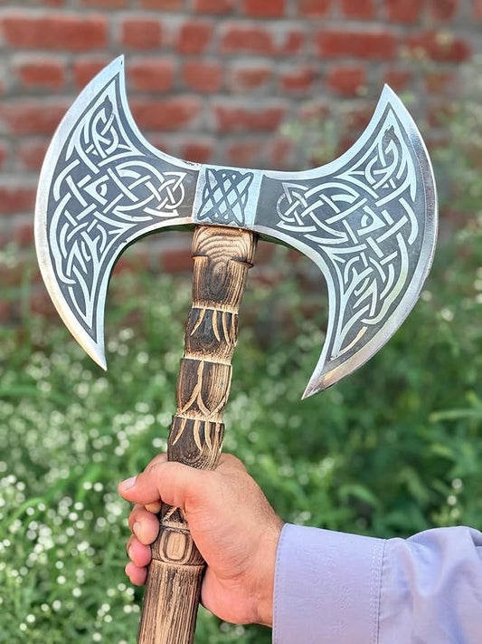 Hand Forged Double Headed Carbon Steel Axe – Bearded Battle Axe with Ash Wood Handle and Leather Sheath – Handmade Functional Gift for Him (DHA)