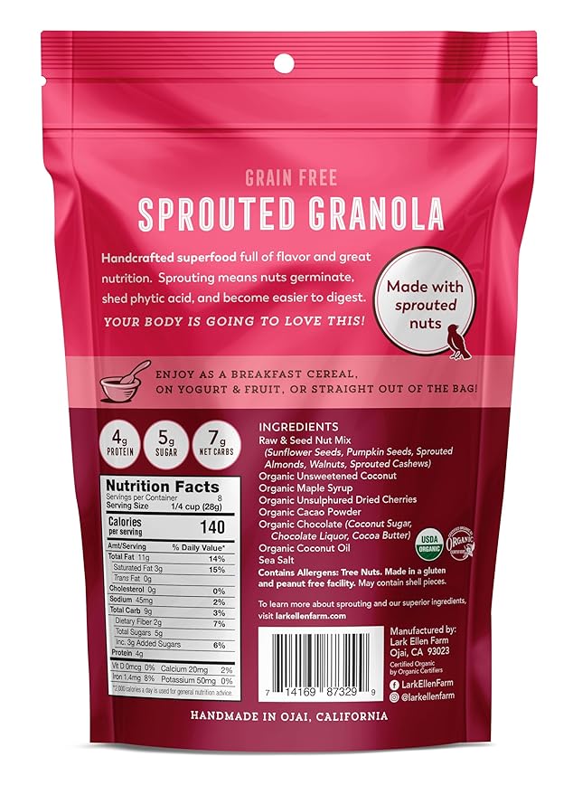 Lark Ellen Farm Cacao Cherry Grain-Free Granola Clusters, Organic Vegan Nut and Seed Mix, Gluten-Free Crunchy Bites for Snack, Breakfast, or Yogurt, 8 oz, 2 Pack