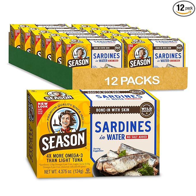 Season Sardines in Water - No Salt Added, Wild Caught, 22g of Protein, Keto Snacks, More Omega 3's Than Tuna, Kosher, High in Calcium, Canned Sardines - 4.37 Oz Tins, 12-Pack