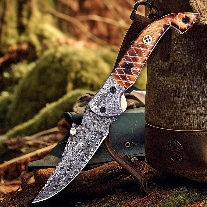 Handmade Damascus Folding Knife for Men with Burn Bone, 7.5 inch Pocket Knife with Sheath,Tactical Camping Knife with Liner Lock for Outdoor, Survival, Hunting, Fishing,