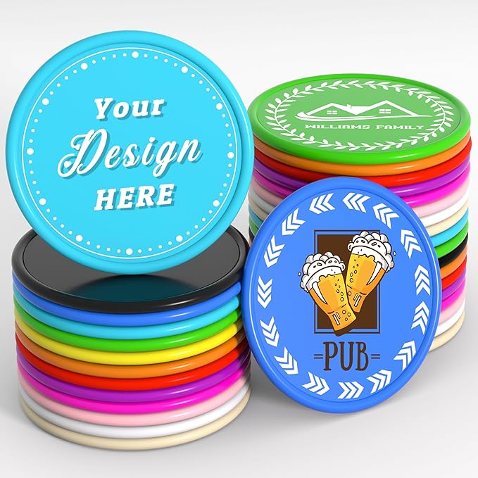 200-1000 Custom Plastic Poker Chips,Drink Chips,Personalized Your Own Logo, Image and Text, Double Sided Full Color Printing Custom Tokens For Bar, Events, Weddings, Business Card & Promotional Tokens