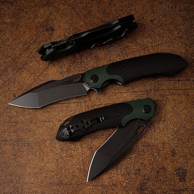 D2 Steel Folding Knife - 9CM Black Tactical Blade, G10 Handle, Pocket Clip - EDC Camping, Survival, Hunting - 60-61HRC, Vacuum Heat Treated, Stonewash Finish