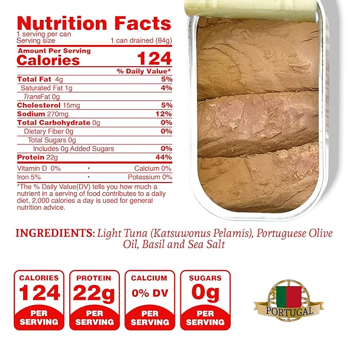 Santo Amaro - Artisanal Wild Tuna Fillets in Olive Oil & Basil, Pole & Line Wild Caught Tuna from Portugal Hand-Packed Venice-Style! Canned Tuna Fish, 22g Protein, Paleo, Keto, Low Mercury, Pack of 6