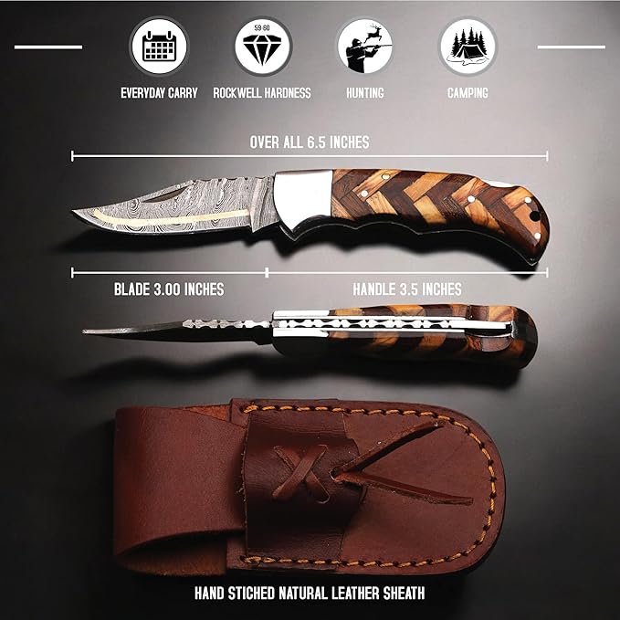 6.5 inch Damascus Pocket Knife with Sheath, Handmade Folding Pocket Knife for Men, Black-Red Wooden Handle with Brass Bolster, Secure Lock Back Camping Knife for EDC,Hunting,Hiking (Copper Damascus)