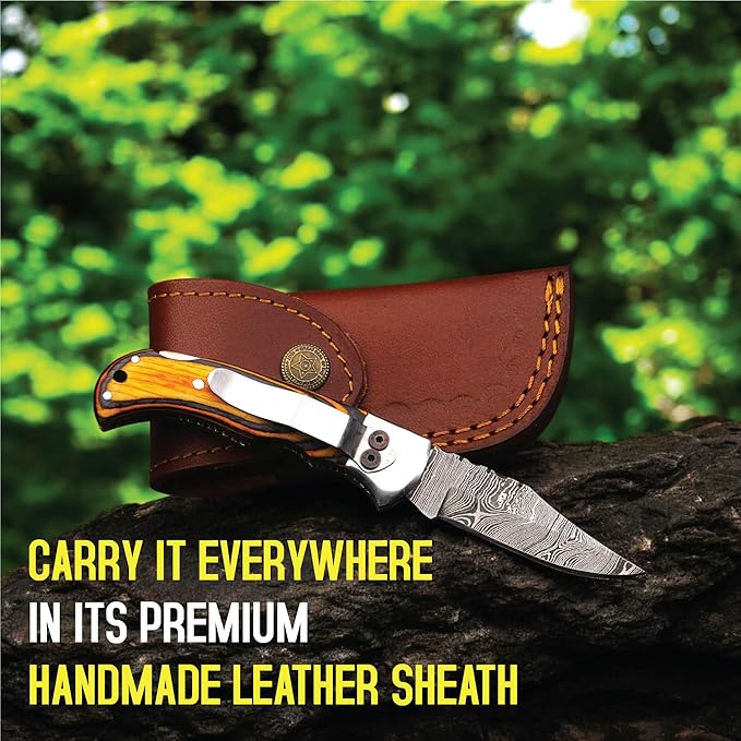 6.5 inch Damascus Pocket Knife with Sheath, Handmade Folding Pocket Knife for Men, Black-Red Wooden Handle with Brass Bolster, Secure Lock Back Camping Knife for EDC,Hunting,Hiking (Yellow)
