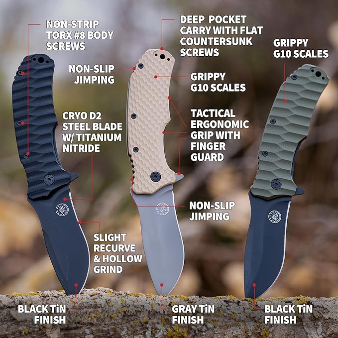 Off-Grid Knives - Rapid Fire Blackout - Large Folding Knife for Camping & EDC, Cryogenic D2 Blade Steel, Titanium Nitride Coating with G10 Scales & Deep Carry Clip