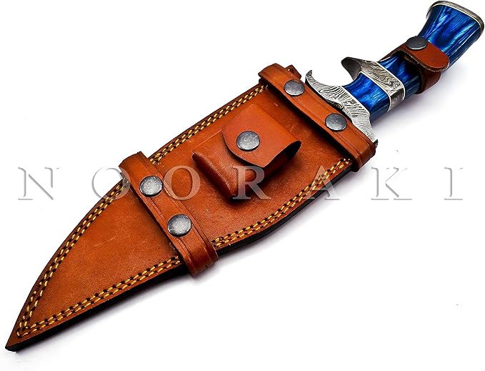 NOORAKI - 15??Damascus Bowie Knife with Sheath | Hand Made Hunting Knife - Fixed Blade Long Bowie Knives - Ideal for Survival ,Chopping, Camping, Outdoor Gift for Men |Tactical Knife Wood Handle (Blue)