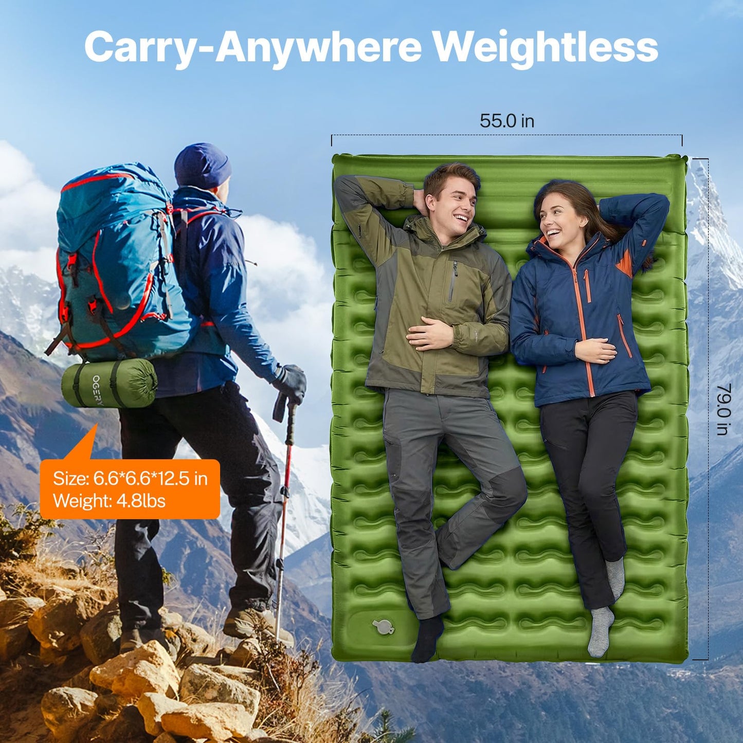 OGERY Double Sleeping Pad, 6" Extra Thick Inflatable Camping Mattress