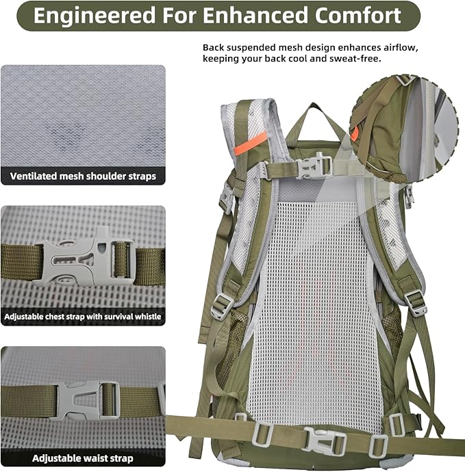 30L Hiking Backpack Lightweight Waterproof and Durable Backpack with Ventilated Sweat-Wicking Internal Frame Daypack for Men and Women Camping Travel and Outdoor Adventures,Green