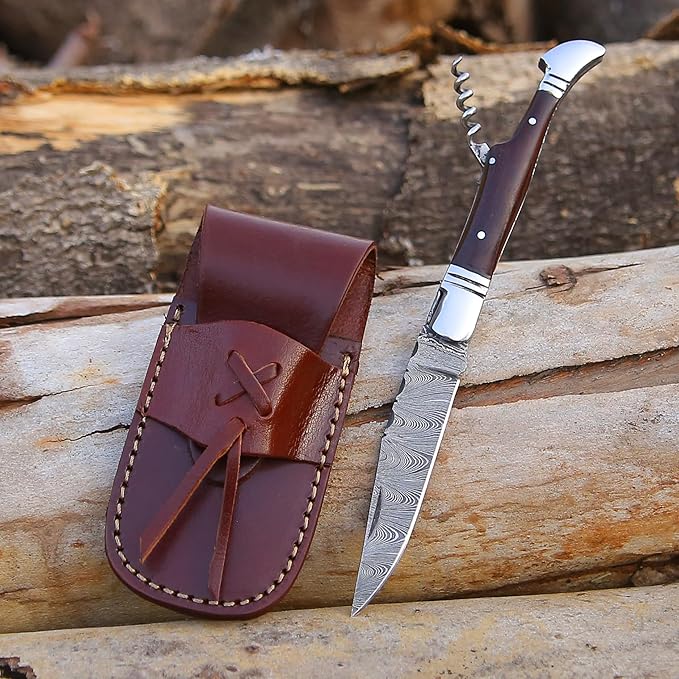 6.5 inch Damascus Pocket Knife with Sheath, Handmade Folding Pocket Knife for Men, Black-Red Wooden Handle with Brass Bolster, Secure Lock Back Camping Knife for EDC,Hunting,Hiking (Legual)