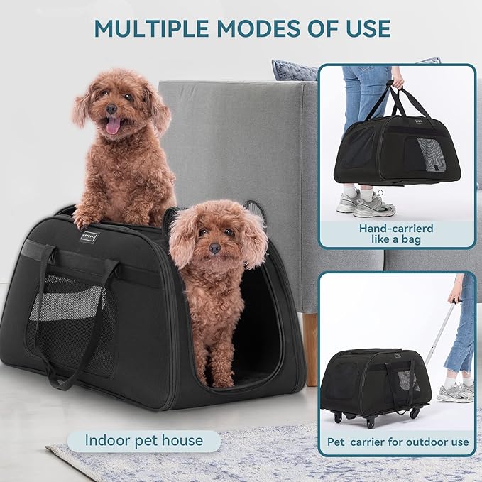 PETSFIT Extra Large Pet Carrier with Wheels- Rolling Dog Carrier for 2 Small Dogs, Large Cat Carrier on Wheels with Adjustable Safety Rope & Waterproof Bottom (?‘µ?’�?’• ?‘¨?’Š?’“?’�?’Š?’�?’† ?‘¨?’‘?’‘?’“?’�?’—?’†?’…)