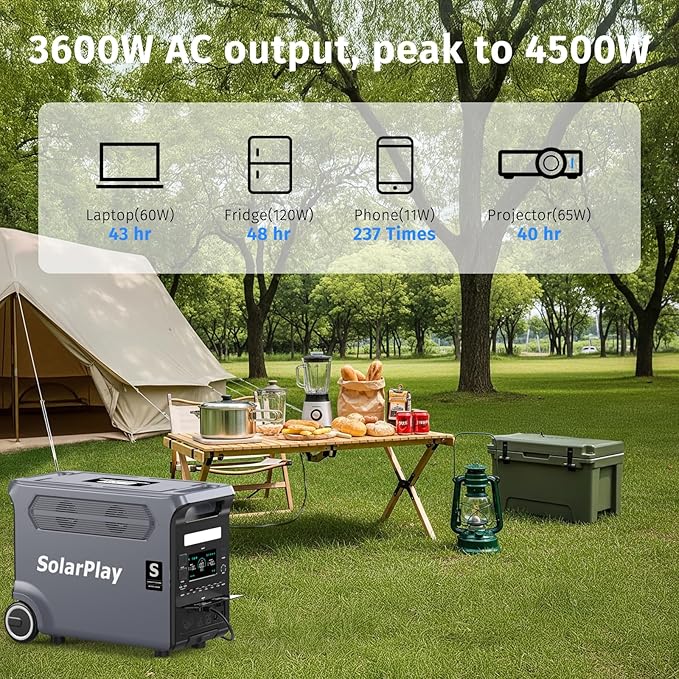 SolarPlay Portable Power Station, 3840Wh Solar Powered Generator Trolley Available, 120/160V 3600W AC Output, Solar Generator for Home Use, Camping, Emergencies, Power Outages, RVs, Outdoor