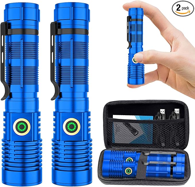 Rechargeable Flashlight High Lumens, High Lumens Super Bright Flash Light, Long-Range Zoomable LED Flashlights for Emergency, EDC, Searching, Waterproof Flashlight Dimmable Blue Pcs