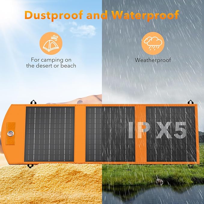 Solar Panels 30W Portable Foldable Solar Charger with 5V USB-A and USB-C Fast Charging Compatible with iPhone, iPad, Samsung, Power Banks, IPX5 Waterproof Perfect for Camping, Hiking, Outdoor