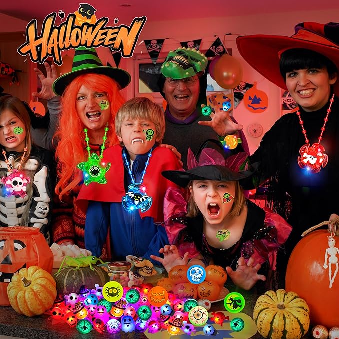 90 PCS Halloween Party Favors for Kids, Glow in The Dark Party Supplies LED Halloween Toys Bulk Light Up Necklace Bracelet Ring Halloween Treats Goodie Bag Fillers Classroom Prizes Trick or Treat Gift