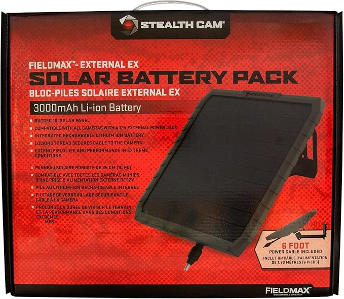 Stealth Cam FieldMax External EX 3000 mAh Solar Battery Pack with 10-Inch Solar Panel for Revolver, Flashback, Deceptor Max, and Fusion Max Cellular Trail Cameras