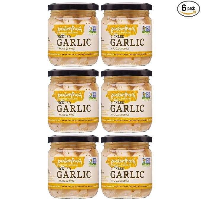 Pickerfresh Pickled Garlic | Gourmet Garlic Cloves | Simple Ingredients | Non-GMO, Gluten Free & No Artificial Color | 7 oz (6 Pack)