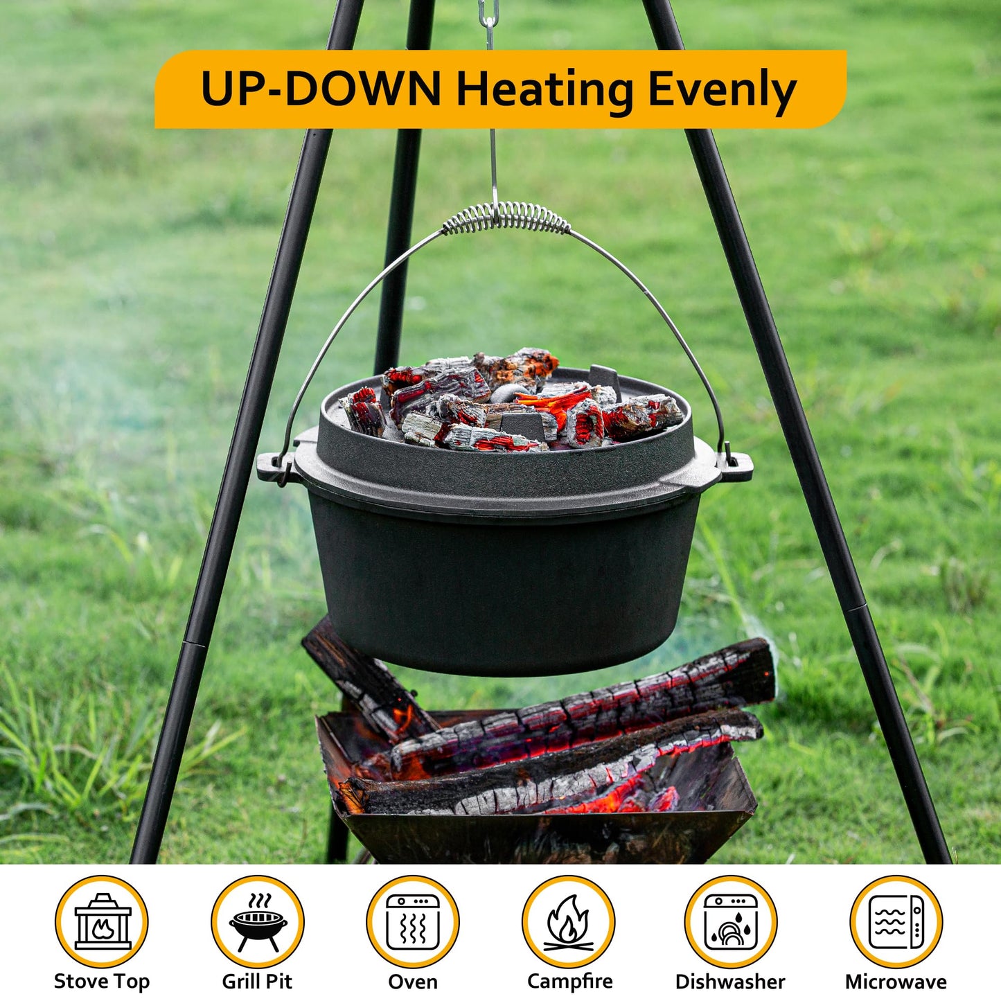 Velaze 10 QT Pre-Seasoned Cast Iron Camping Dutch Oven Pot with Lid