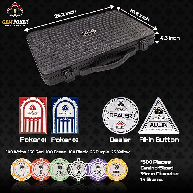 Luna 14 Gram Clay Poker Chips Set for Texas Hold’em, 500PCS Numbered Chips, Features a High-end Carrying Case with Strong Eva Foam Inside and German Polycarbonate Shell
