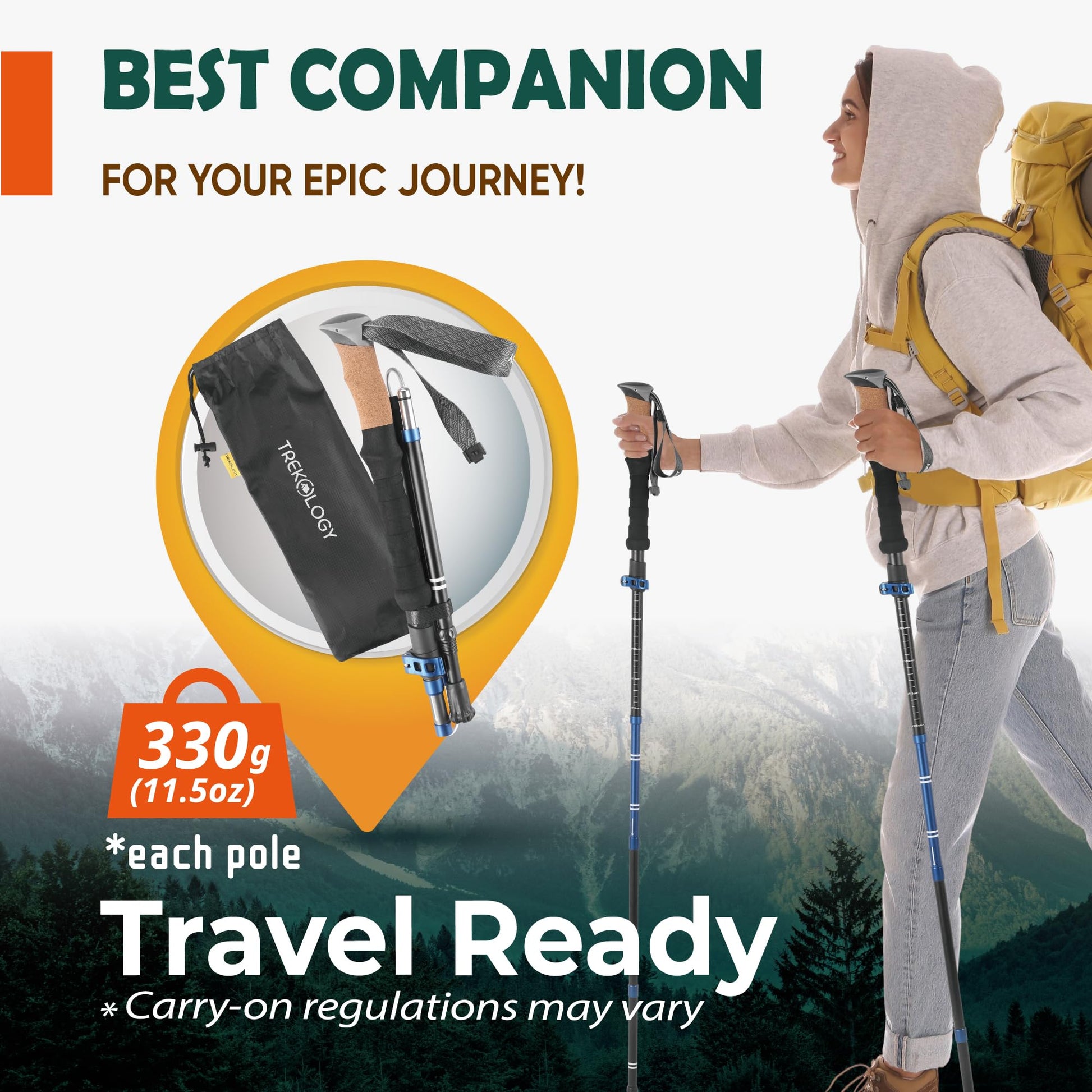 TREKOLOGY Trek-Z Cork Grip Trekking Poles – Lightweight Folding Hiking Poles, Adjustable Height