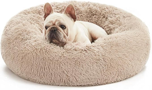 Love's cabin Calming Dog & Cat Bed, Cat Bed for Indoor Cats, Anti-Anxiety Donut Round Bed, Fluffy Warming Pet Bed for Small Medium Dogs and Cats, Beige Taupe 20"/24"