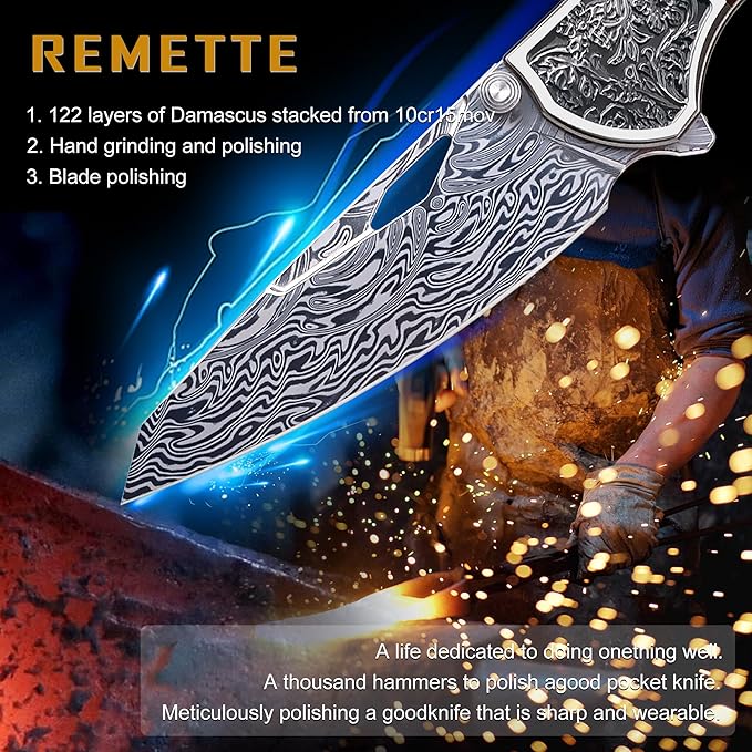 Damascus Pocket Knife, EDC Folding Knife, Titanium Frame Desert Ironwood Handle, Front Flipper and Thumb Stud Open