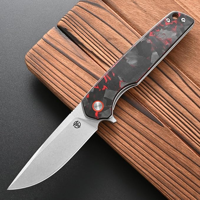 FF19 Folding Pocket Knife，D2 Steel Blade Carbon Fiber Handle EDC Tool Knife for Outdoor Camping Hunting Fishing Working(Red)