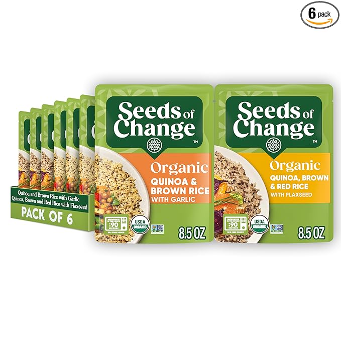 SEEDS OF CHANGE Organic Rice Variety Pack Quinoa and Brown Rice with Garlic & Quinoa Brown & Red Rice with Flaxseed, Microwaveable Ready to Heat, 8.5 Ounces (Pack of 6)