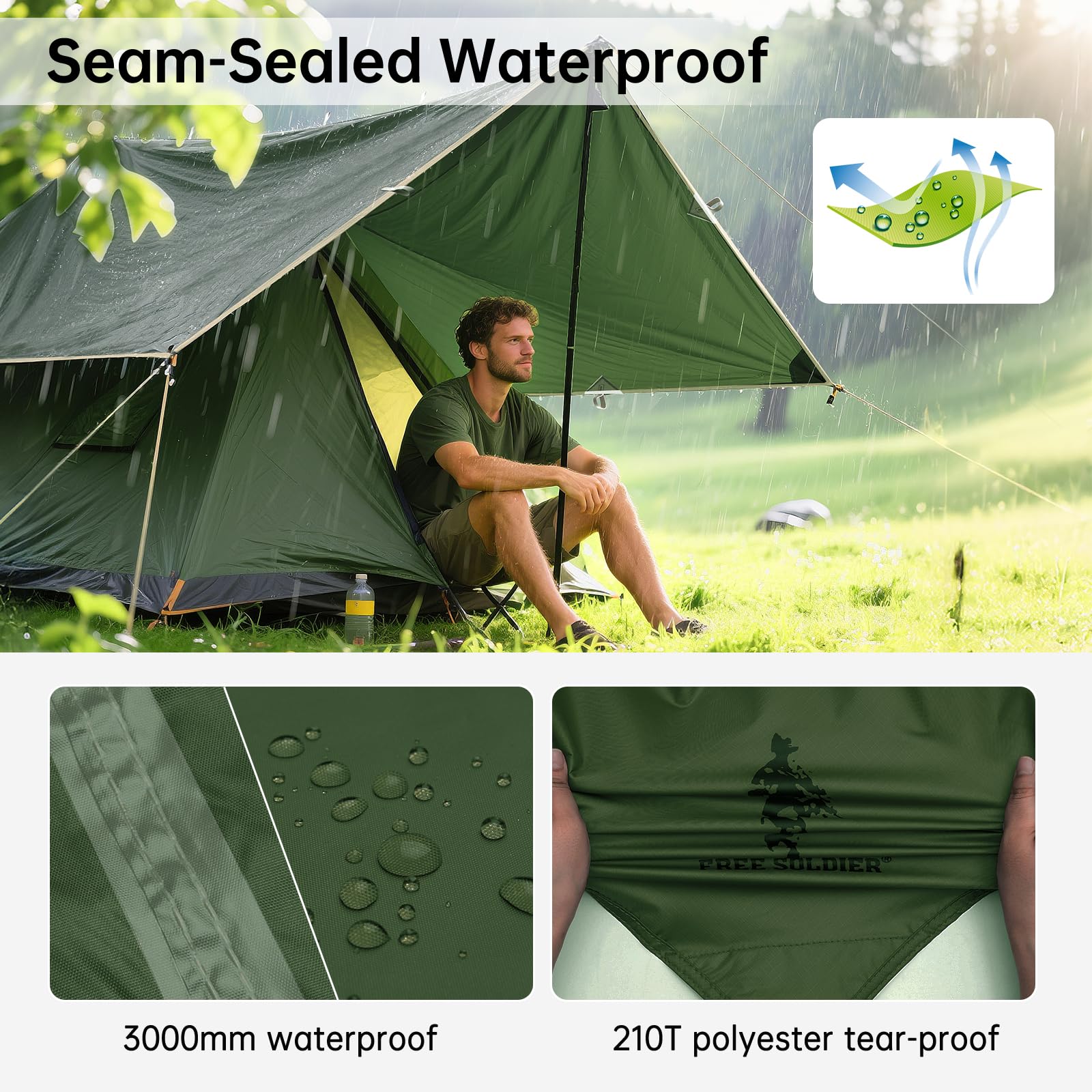 FREE SOLDIER Waterproof Camping Tarp Shelter Awning(Dark Green 13×13ft)