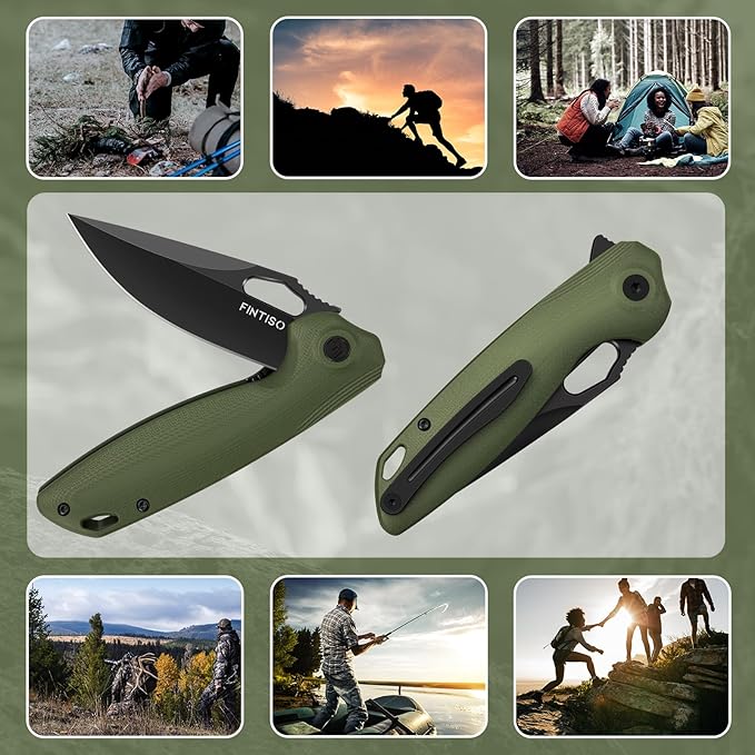 FINTISO Pocket Knife 3.38" Folding Knife Premium 14C28N Blade with G10 Handle, Camping Survival Hiking Knife, Best Gift for Men Women, Atlas Series