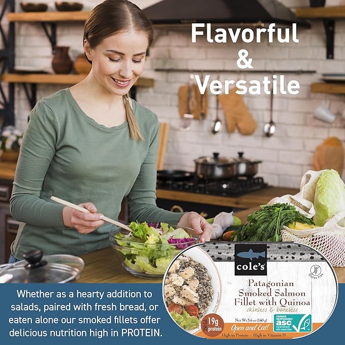 COLE’S Open & Eat Meals Variety Pack | 5.6 oz Hand-Packed Smoked Salmon & Trout with Quinoa & Vegetables | Ready to Eat Meals | High Protein, 4 Cans