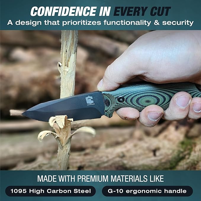Fixed Blade Knife with Kydex Sheath, 4" Blade 1095 High Carbon Steel Knife with G-10 Tang for Bushcraft, Camping, Hunting & Survival.