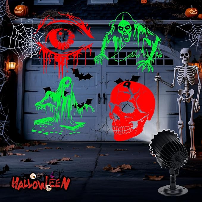 Brighter Halloween Decorations Projector Lights Outdoor, Display 4 Dynamic HD Patterns at a Time(Skulls, Zombies, Ghost, Eyes), Holiday Projector Light for Yard, Patio, Garden, Party Decor