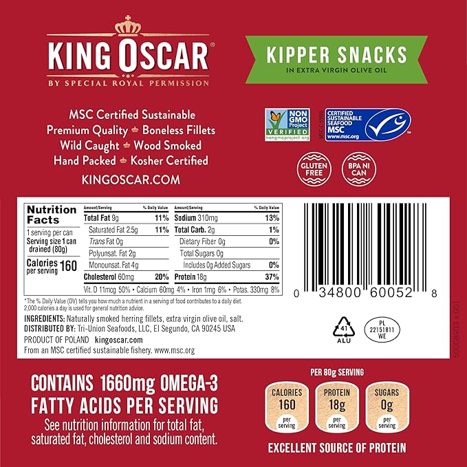 King Oscar Kipper Snacks in Extra Virgin Olive Oil, 3.54 Ounce Cans (Pack of 12), Lightly Smoked Herring Fillets, Wild Caught Canned Herring