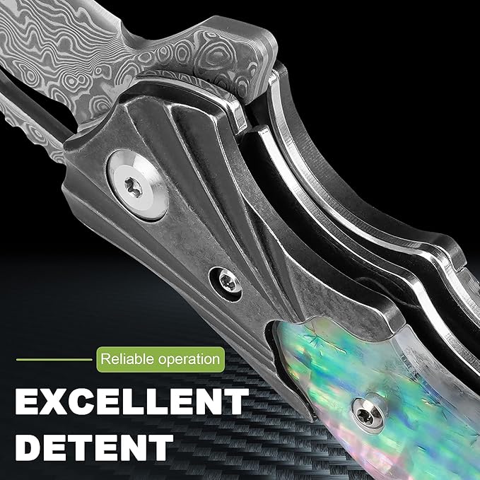 Damascus Pocket Knife for Women, 3.15" VG10 Damascus Steel Blade EDC Folding Knife with Sheath, Abalone Shells Handle, Ideal Gifts for Woman Men