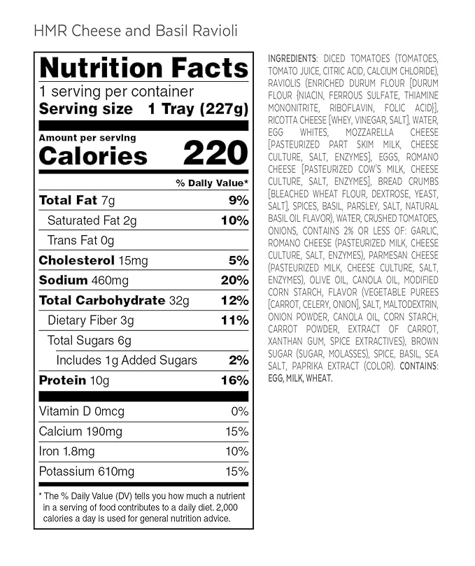 HMR Cheese and Basil Ravioli Entrée | Pre-packaged Lunch or Dinner to Support Weight Loss | Ready to Eat | Vegetarian | 10g of Protein | Low Calorie Food | 8oz Serving per Meal | Pack of 3