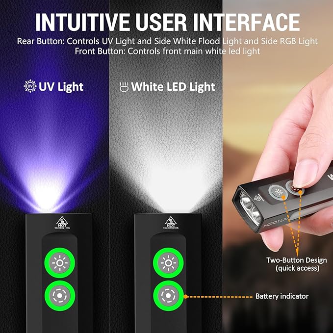 Wurkkos HD01 UV Flashlight, Rechargeable EDC Flashlight, Led Flashlight with 365nm UV Light, 1200 Lumens Flat Flashlight with RGB, Pocket Light for Emergency, Pet Urine Detection (Black)