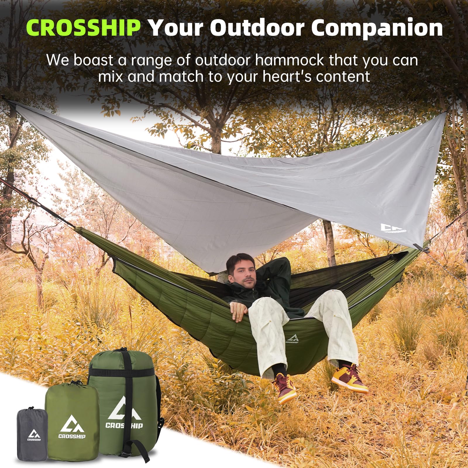 CROSSHIP Camping Hammock with Mosquito Net, Underquilt & Rain Fly Tarp