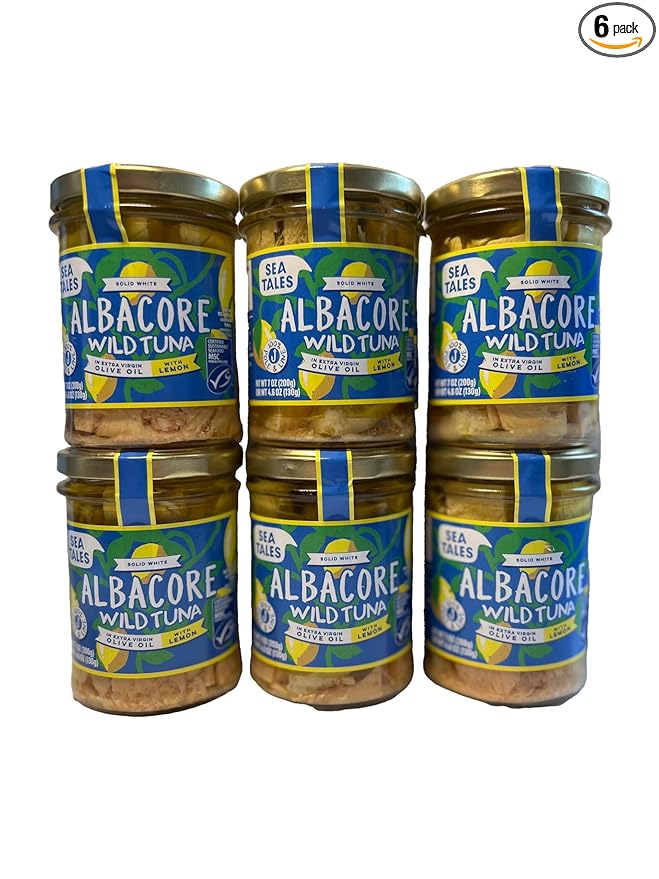 Sea Tales Albacore Fillets in Extra Virgin Olive Oil with Lemon in Jar - 100% Pole & Line Wild Sustainably Caught - High Protein Food - Keto Friendly - 7 oz. Jars (Pack of 6)