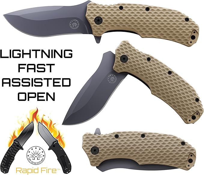 Off-Grid Knives - Rapid Fire Coyote, Large Assisted EDC, Hard Use Construction, Camping and Survival, Cryogenic D2 Blade Steel, Titanium Nitride Coating with G10 Scales, Deep Pocket Carry