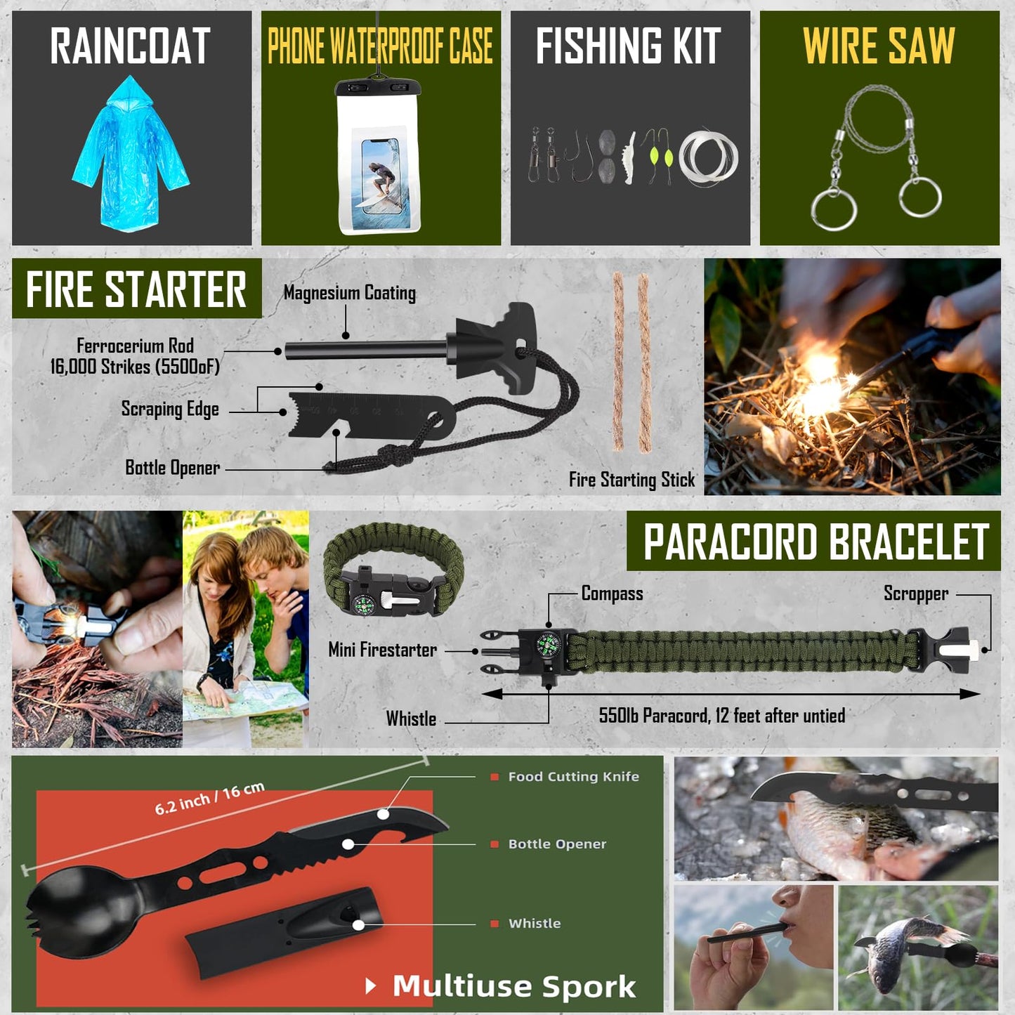 Survival Kit, 268 Pcs Emergency Survival Gear and Equipment Supplies with First Aid Kit, Camping