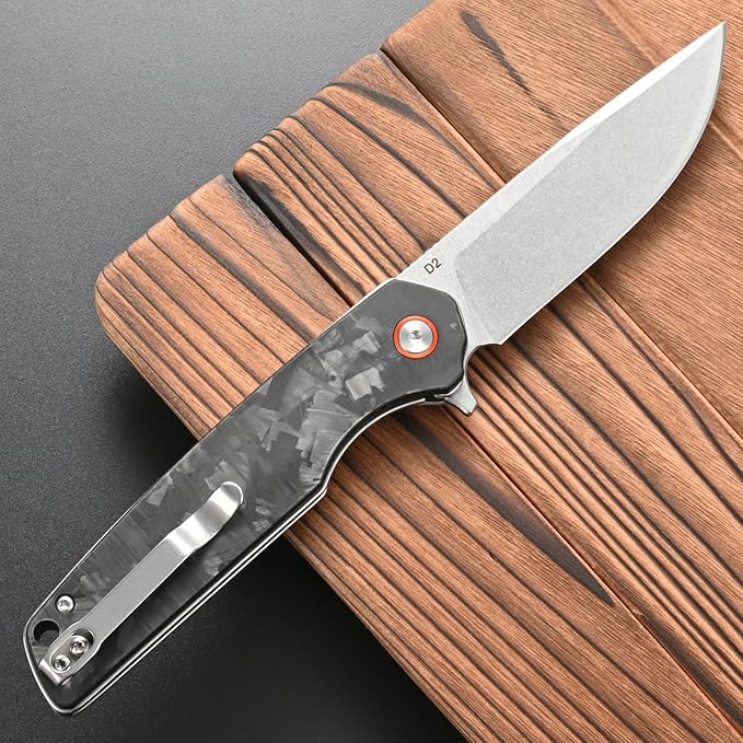 FF19 Folding Pocket Knife，D2 Steel Blade Carbon Fiber Handle EDC Tool Knife for Outdoor Camping Hunting Fishing Working(Black)