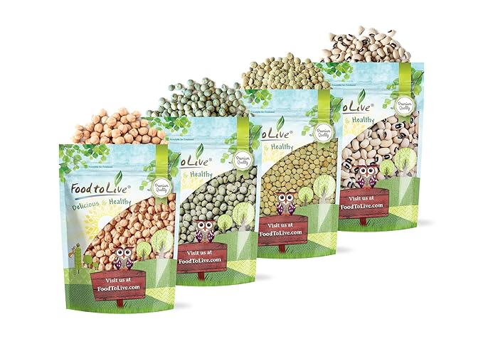 Food to Live Premium Pulses Bundle, 4 Pack ??Chickpeas(5 LB), Whole Green Peas(5 LB), Green Lentils(5 LB), Black-Eyed Peas(5 LB), Raw, Vegan, Kosher, Sproutable, Rich in Fiber and Protein, Legumes.