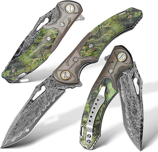 VG10 Damascus Steel Folding Knife, Stable Wood with Leather cover and pocket clip, Outdoor Survival Knife Portable EDC Camping, can be used as a gift